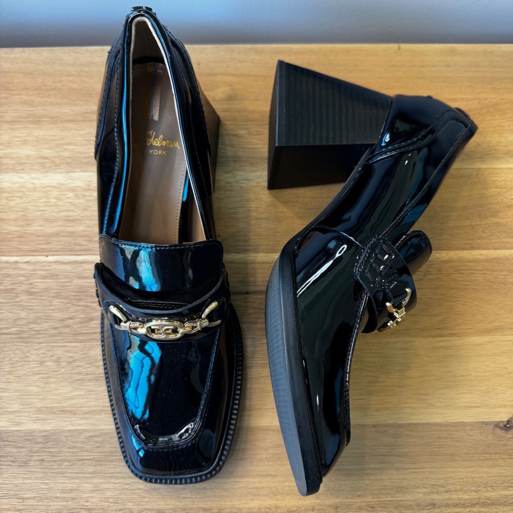 Sam Edelman Quincy Women 9.5 Black Patent Heeled Loafer Square Toe Gold Horsebit
